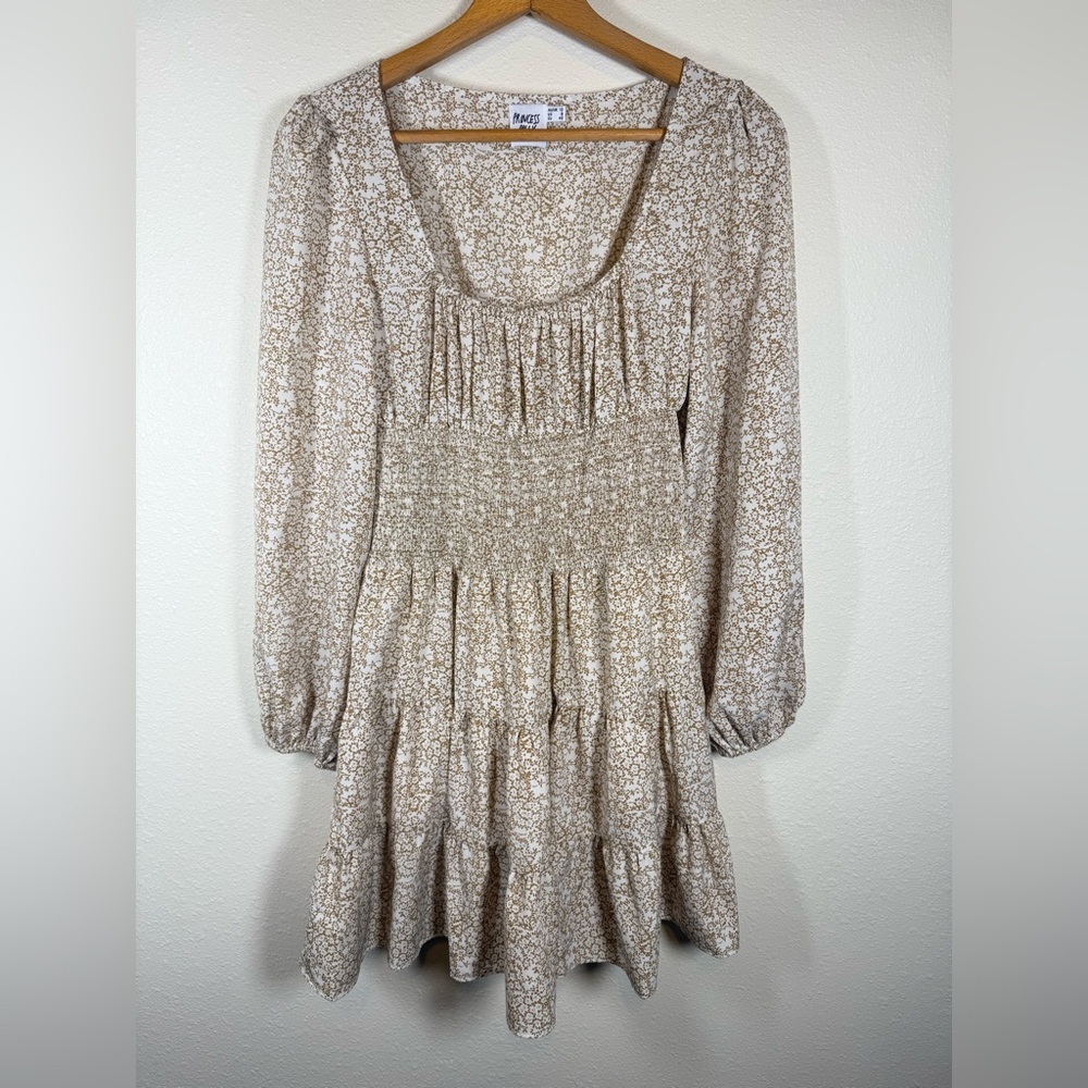 Princess Polly Devante Mini Dress Smocked Brown Floral Sz 8 Balloon sleeve - Picture 3 of 10